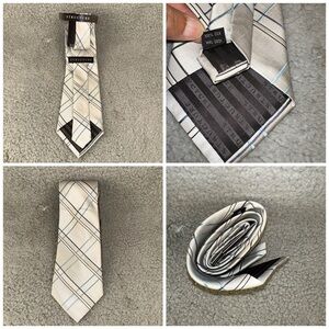 Structure Men's Tie Silver‎ Gray 100% Silk Windowpane Plaid 58"